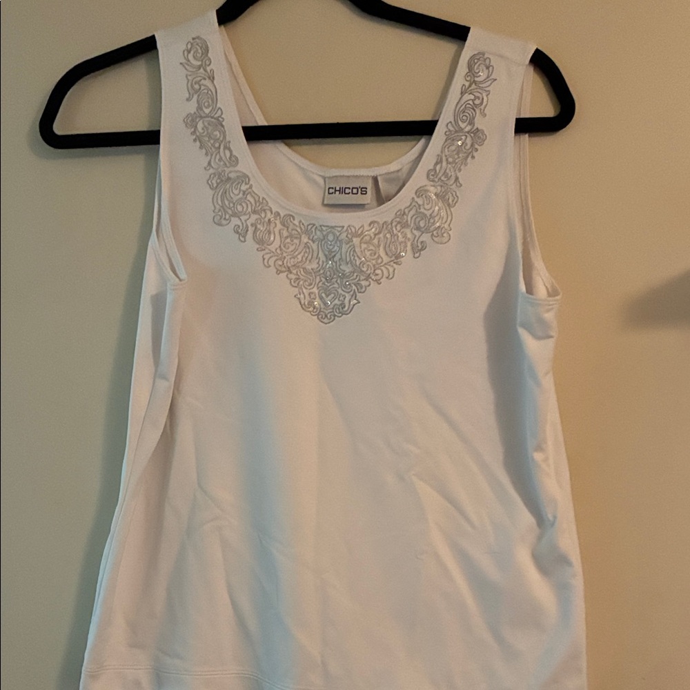 NWOT Chico's Elegant White Microfiber Top with Silver Embroidery